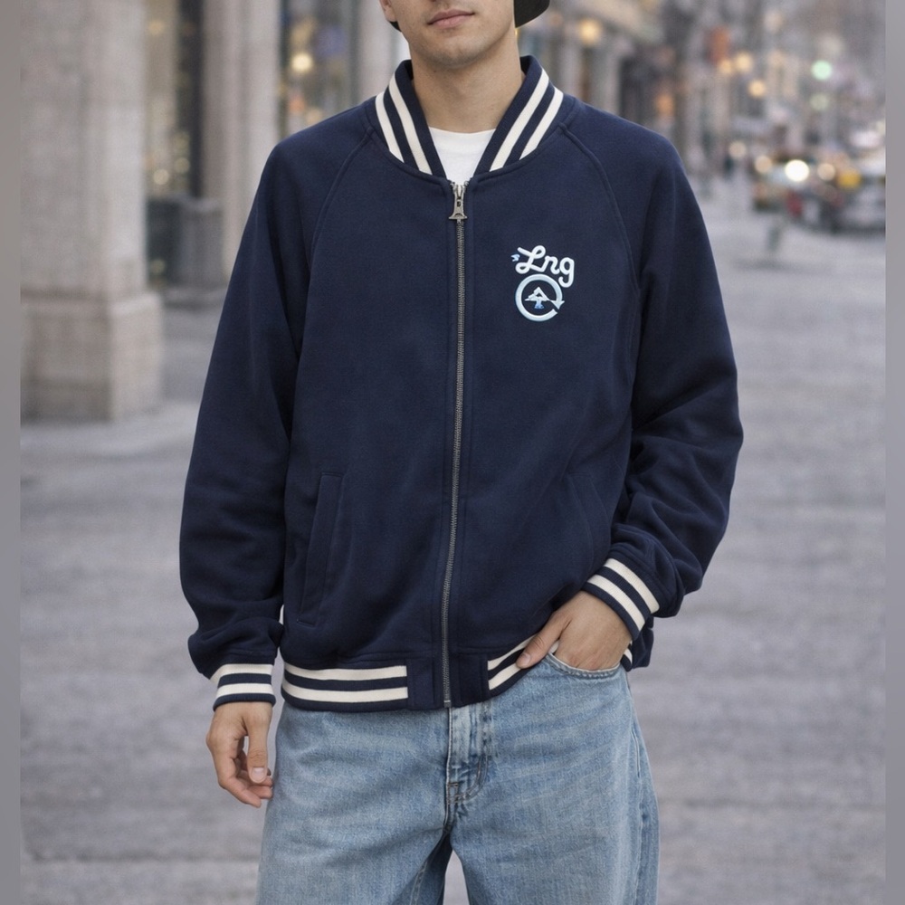 LRG Varsity Bomber Jacket Navy Blue Small Zip Up Streetwear